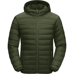 Men's Army Green Hooded Water-Resistant Outerwear Warm Quilted Puffer Jacket